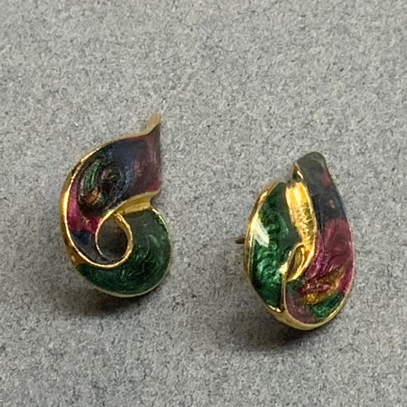 Swirled Teardrop Pierced Earrings 1.25 In Blue Green Purple Enamel Gold Retro - Picture 4 of 6